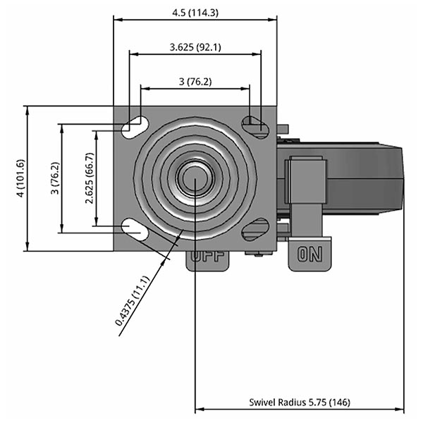Side view drawing of caster with dimensions